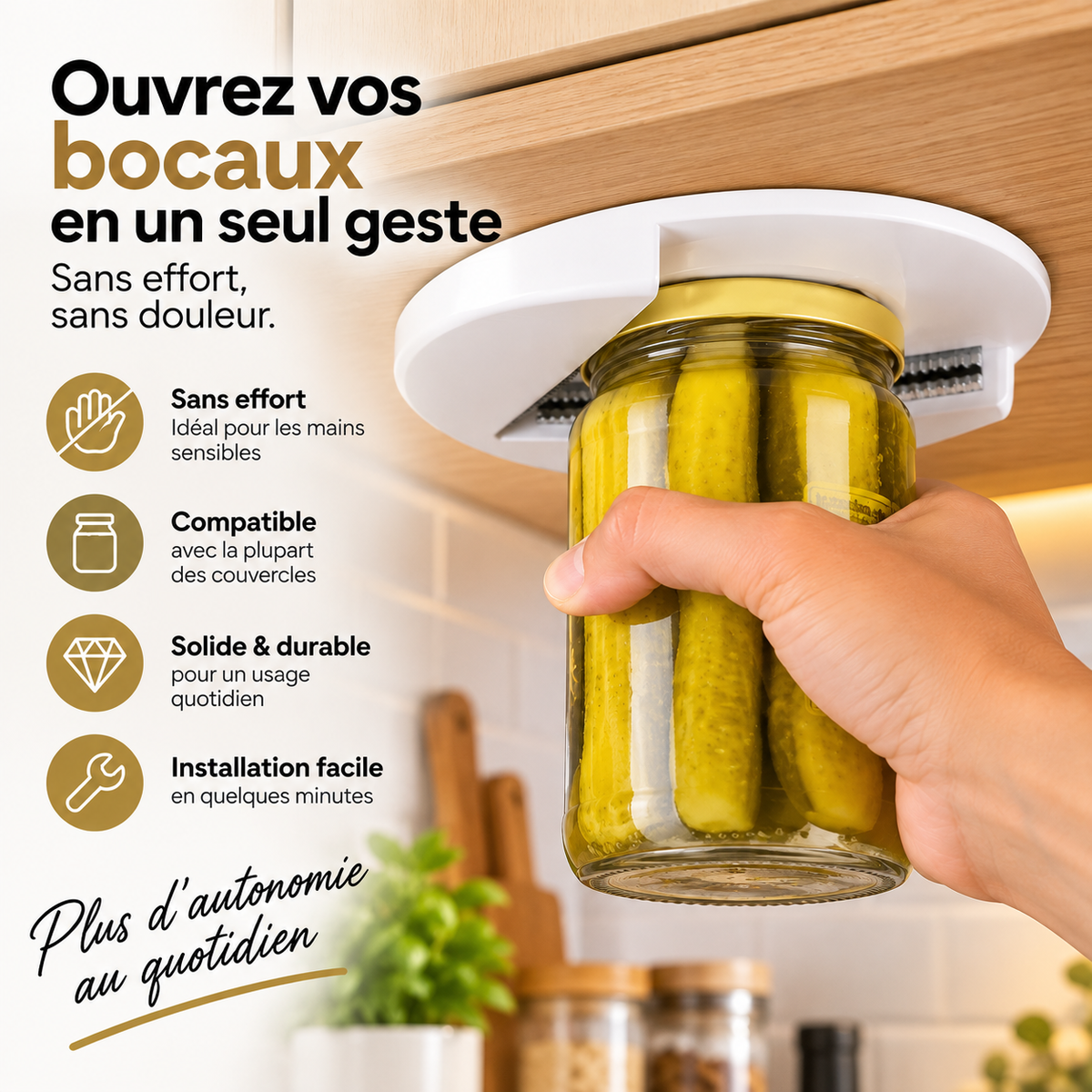 Main insérant un bocal de cornichons dans l'ouvre-bocaux blanc CalmaOuvre fixé sous un meuble de cuisine, pour ouvrir le couvercle sans effort