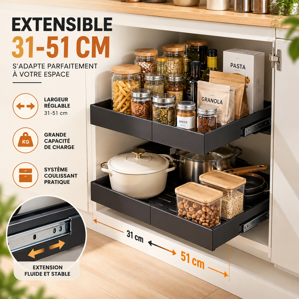 Infographie du tiroir coulissant extensible de 31 à 51 cm rempli de bocaux et casseroles dans un placard de cuisine, avec zoom sur le rail télescopique.