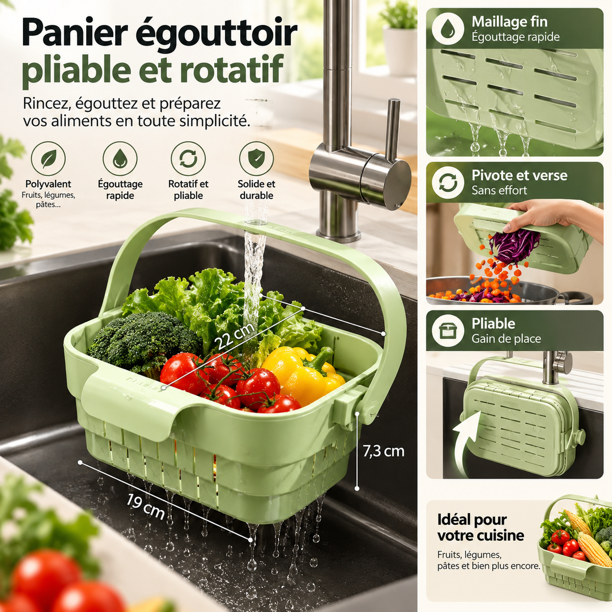 Panier égouttoir vert pliable et rotatif rempli de légumes sous le robinet, avec zooms sur l'égouttage, la rotation et le pliage.