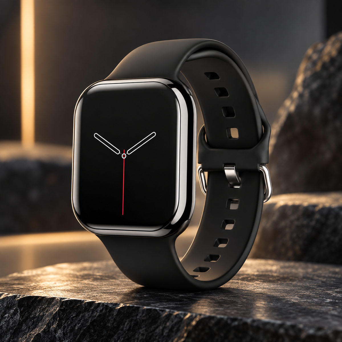Montre connectée noire avec bracelet en silicone, cadran noir affichant des aiguilles blanches, posée sur une pierre sombre.