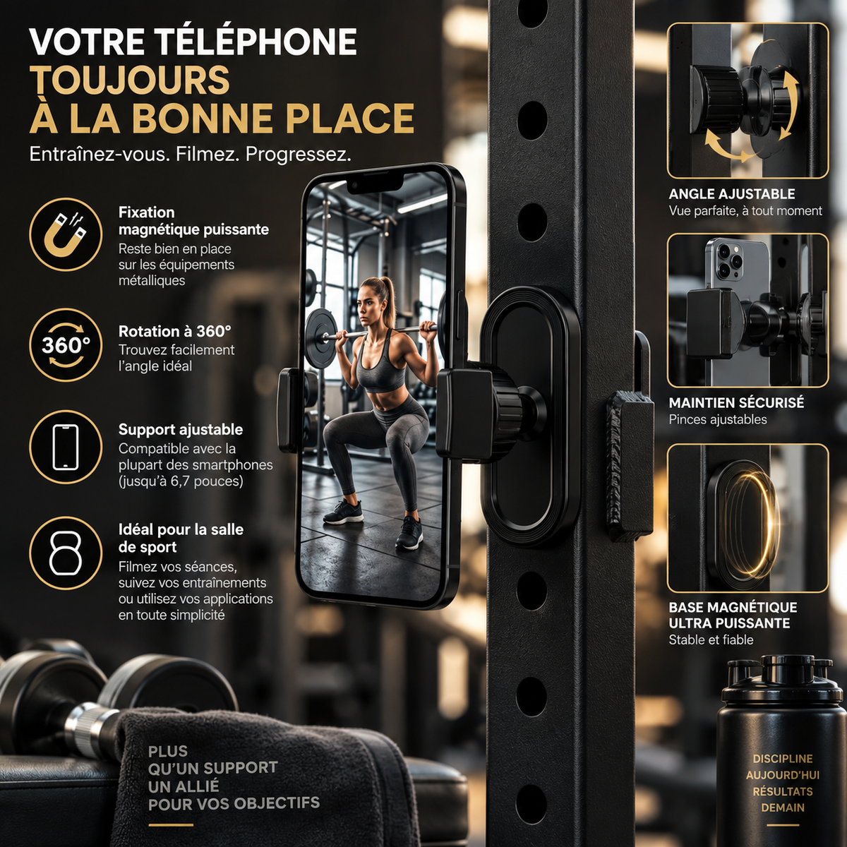 Support magnétique noir fixant un téléphone sur un rack de musculation filmant une femme en squat, avec détails de la fixation et de l'angle ajustable.