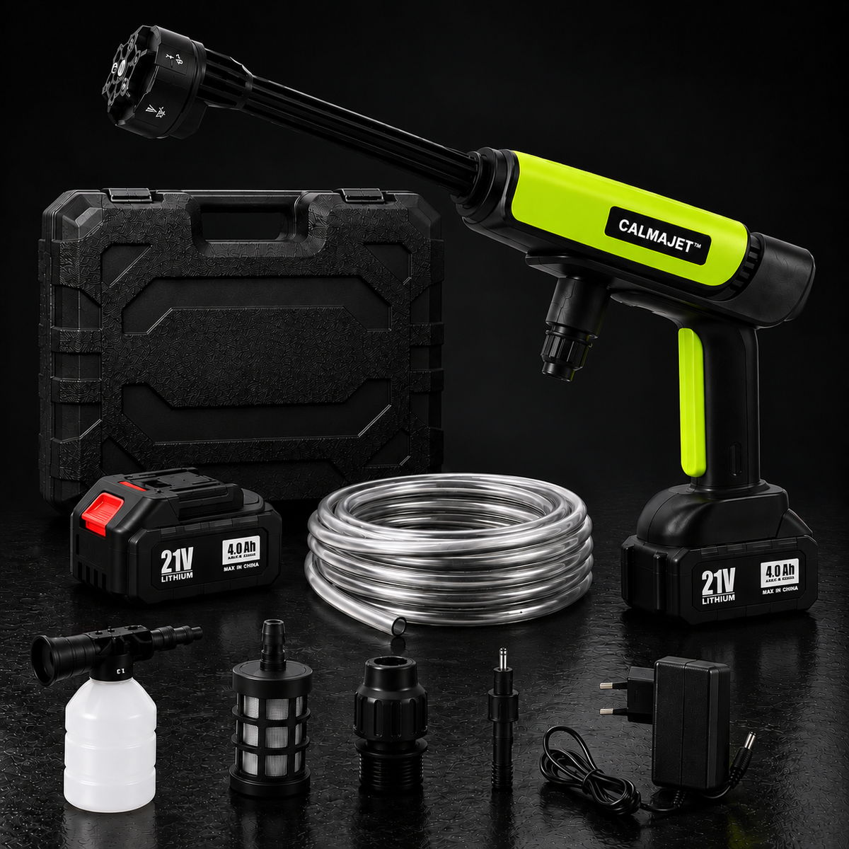 Nettoyeur haute pression sans fil CalmaJet vert et noir, avec valise de transport, deux batteries 21V, tuyau et accessoires