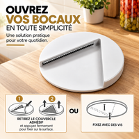 Ouvre-bocaux rond blanc CalmaOuvre posé sur un plan de travail en bois, avec instructions de fixation par adhésif ou par vis