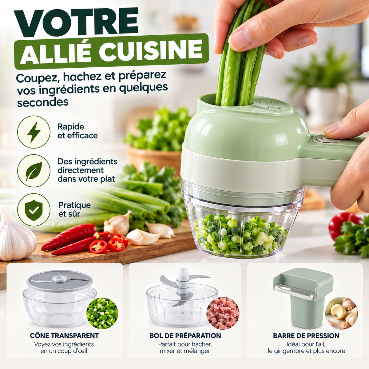 Hachoir électrique vert CalmaPrépa hachant des oignons verts, avec ses accessoires : cône transparent, bol de préparation et barre de pression pour l'ail