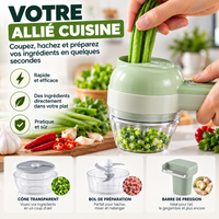 Hachoir électrique vert CalmaPrépa hachant des oignons verts, avec ses accessoires : cône transparent, bol de préparation et barre de pression pour l'ail