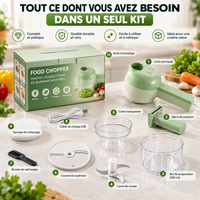 Kit complet CalmaPrépa avec ses dix éléments numérotés : unité principale, lame, bols, cône, câble USB et accessoires de nettoyage, présentés avec la boîte