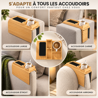 Quatre types d'accoudoirs (large, carré, étroit, arrondi) équipés du CalmaPlateau, montrant son adaptabilité à toutes les formes de canapé