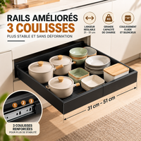 Tiroir coulissant noir sorti d'un placard, rempli de casseroles et bols empilés, avec détail des rails renforcés à 3 coulisses.