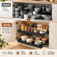 Comparaison avant/après d'un placard de cuisine : vaisselle empilée en désordre en haut, organisée sur des tiroirs coulissants en bas.