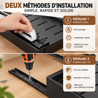 Illustration des deux méthodes d'installation du rail coulissant : adhésif nano sans perçage et fixation par vis avec perceuse.