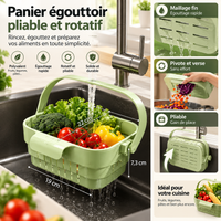 Panier égouttoir vert pliable et rotatif rempli de légumes sous le robinet, avec zooms sur l'égouttage, la rotation et le pliage.