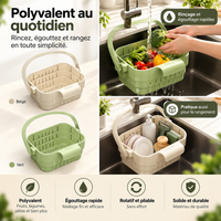 Comparaison des coloris beige et vert du panier égouttoir, utilisé pour rincer des légumes et pour ranger éponge et savon vaisselle.
