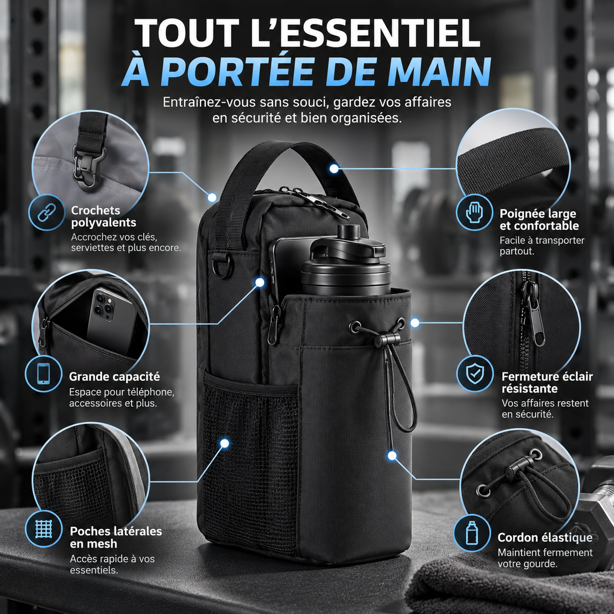 Sac de sport noir avec gourde intégrée en salle de musculation, infographie détaillant crochets, poches mesh, fermeture éclair et cordon élastique.
