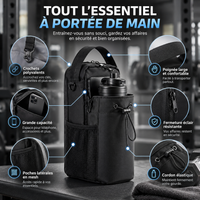 Sac de sport noir avec gourde intégrée en salle de musculation, infographie détaillant crochets, poches mesh, fermeture éclair et cordon élastique.