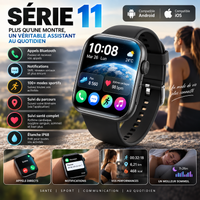 Infographie de la montre connectée Série 11 portée en extérieur, listant appels Bluetooth, notifications, suivi santé et étanchéité IP68.