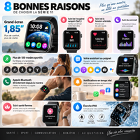 Grille de huit fonctionnalités de la montre : grand écran, SpO2, tension artérielle, sommeil, sport, notifications et étanchéité.