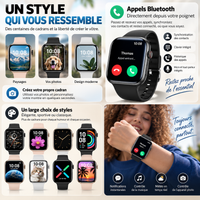 Galerie de cadrans personnalisables de la montre et démonstration d'un appel Bluetooth reçu directement au poignet.