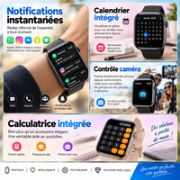 Montre connectée au poignet affichant des notifications, avec aperçus du calendrier intégré, de la commande photo et de la calculatrice.