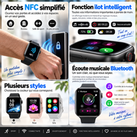 Montre connectée déverrouillant une porte par NFC, avec fonctions île intelligente, lecture musicale Bluetooth et trois coloris.