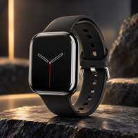 Montre connectée noire avec bracelet en silicone, cadran noir affichant des aiguilles blanches, posée sur une pierre sombre.