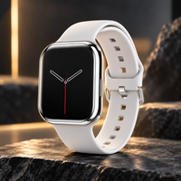 Montre connectée blanche avec bracelet en silicone et boîtier argenté, cadran noir à aiguilles, posée sur un rocher.