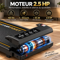 Vue en coupe du moteur 2,5 HP du tapis CalmaRamy avec écran LED affichant temps, vitesse et calories, et capacité de charge de 150 kg