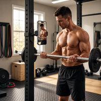 Homme torse nu s'entraînant aux biceps avec une barre, filmé par son téléphone fixé au rack grâce au support magnétique.