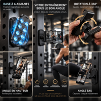 Grille de fonctionnalités du support : base à 6 aimants, rotation à 360°, réglage en hauteur et angle bas pour filmer l'entraînement.