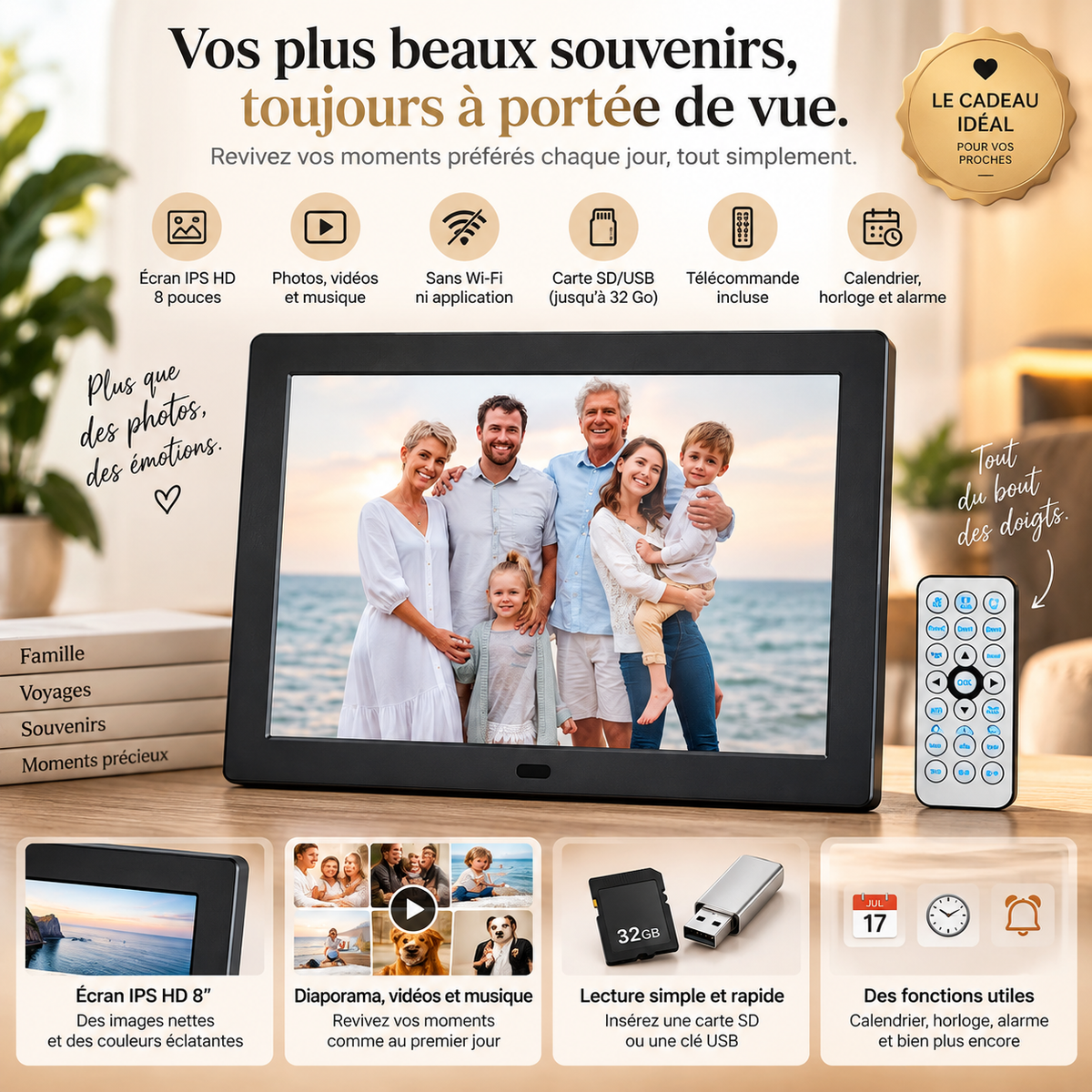 Cadre photo numérique noir affichant une photo de famille, avec télécommande et liste des fonctionnalités : écran IPS, carte SD, calendrier.