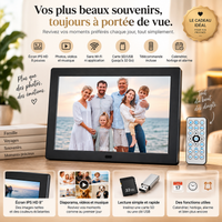 Cadre photo numérique noir affichant une photo de famille, avec télécommande et liste des fonctionnalités : écran IPS, carte SD, calendrier.