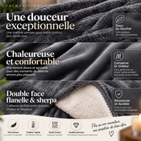 Gros plans de la texture de la couverture chauffante : flanelle grise douce d'un côté et sherpa blanc moelleux de l'autre.