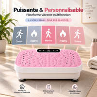 Plateforme vibrante rose avec écran de contrôle et icônes des modes course, jogging et marche affichés au-dessus.