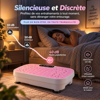 Plateforme vibrante rose dans une chambre, avec comparatif sonore montrant ses 40 décibels contre 50-60 dB ambiants.