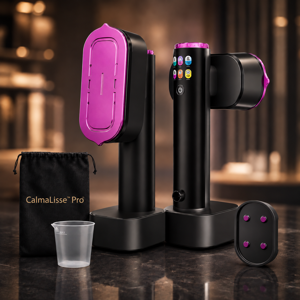 Fer vapeur portable CalmaLisse Pro rose fuchsia et noir, avec base de charge, pochette de rangement et gobelet doseur