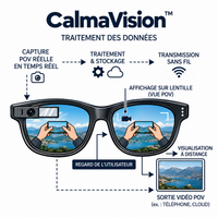 Schéma expliquant le fonctionnement de CalmaVision : capture POV en temps réel, traitement des données, transmission sans fil et affichage sur les verres