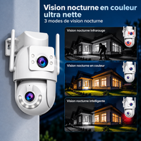 Comparaison de trois modes de vision nocturne de la caméra sur une maison la nuit : infrarouge noir et blanc, couleur et intelligente.