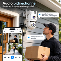 Livreur communiquant avec un résident via l'audio bidirectionnel de la caméra installée près d'une porte d'entrée.