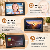 Trois usages du cadre photo numérique : affichage de photos, lecture de vidéos et de musique sur l'écran noir.
