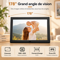 Cadre photo numérique noir affichant une mère soulevant son bébé, illustrant l'angle de vision de 178 degrés.