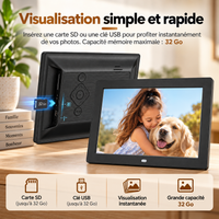 Dos du cadre photo numérique noir montrant les emplacements carte SD et clé USB, avec une photo d'une fillette et son chien à l'écran.
