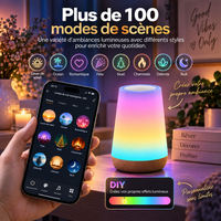 Lampe d'ambiance multicolore illustrant les modes de scènes prédéfinis (océan, romantique, cheminée) et l'option DIY.