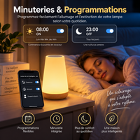 Lampe d'ambiance allumée en douceur sur une table de chevet, avec programmation d'allumage à 8h et extinction à 23h.