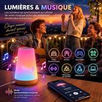 Lampe d'ambiance synchronisée à la musique lors d'une soirée entre amis en extérieur, avec notes lumineuses colorées.