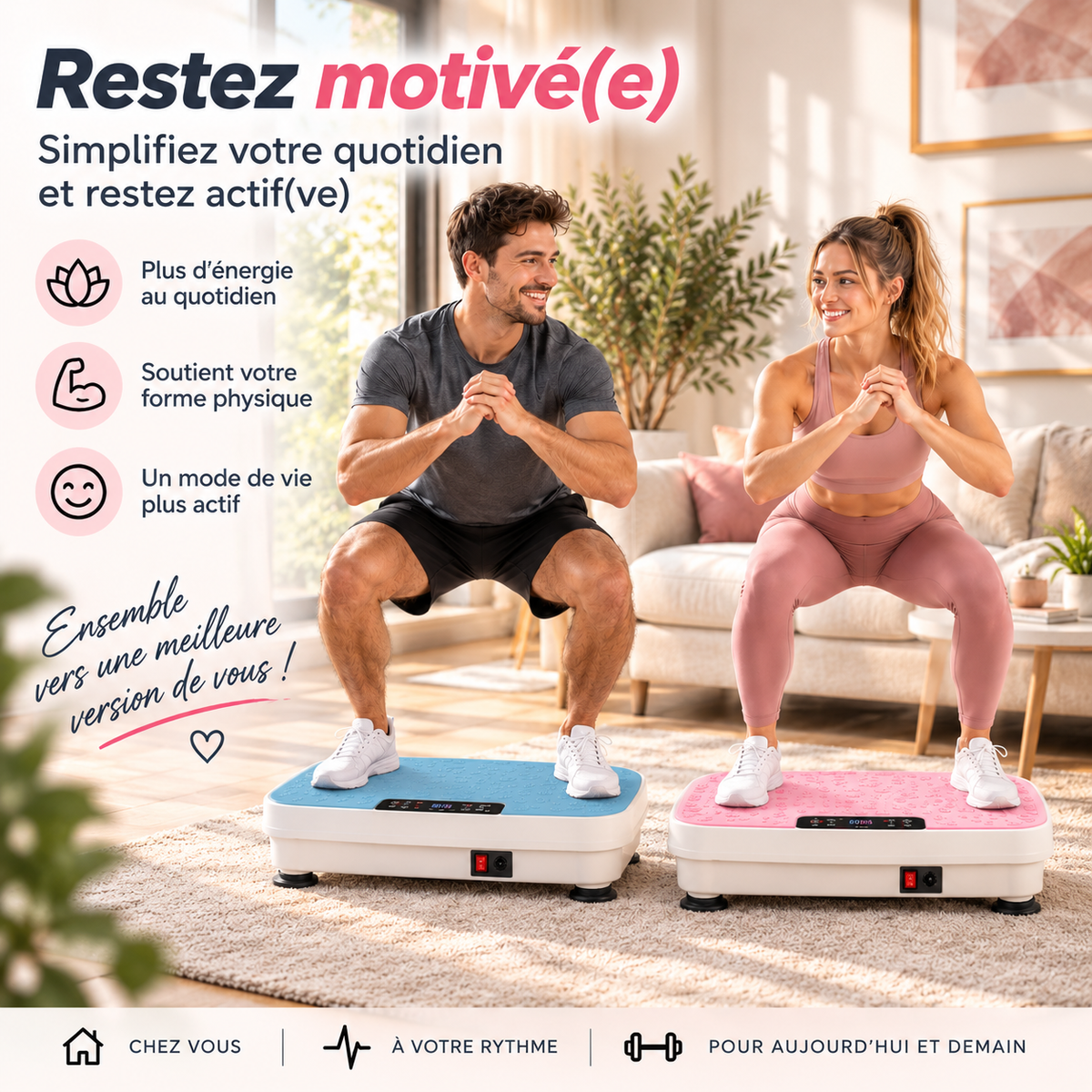Homme et femme faisant des squats ensemble sur des plateformes vibrantes bleue et rose dans un salon lumineux.