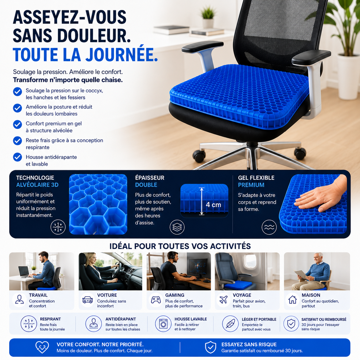 CloudSeat™ - Coussin d'assise ergonomique en silicone