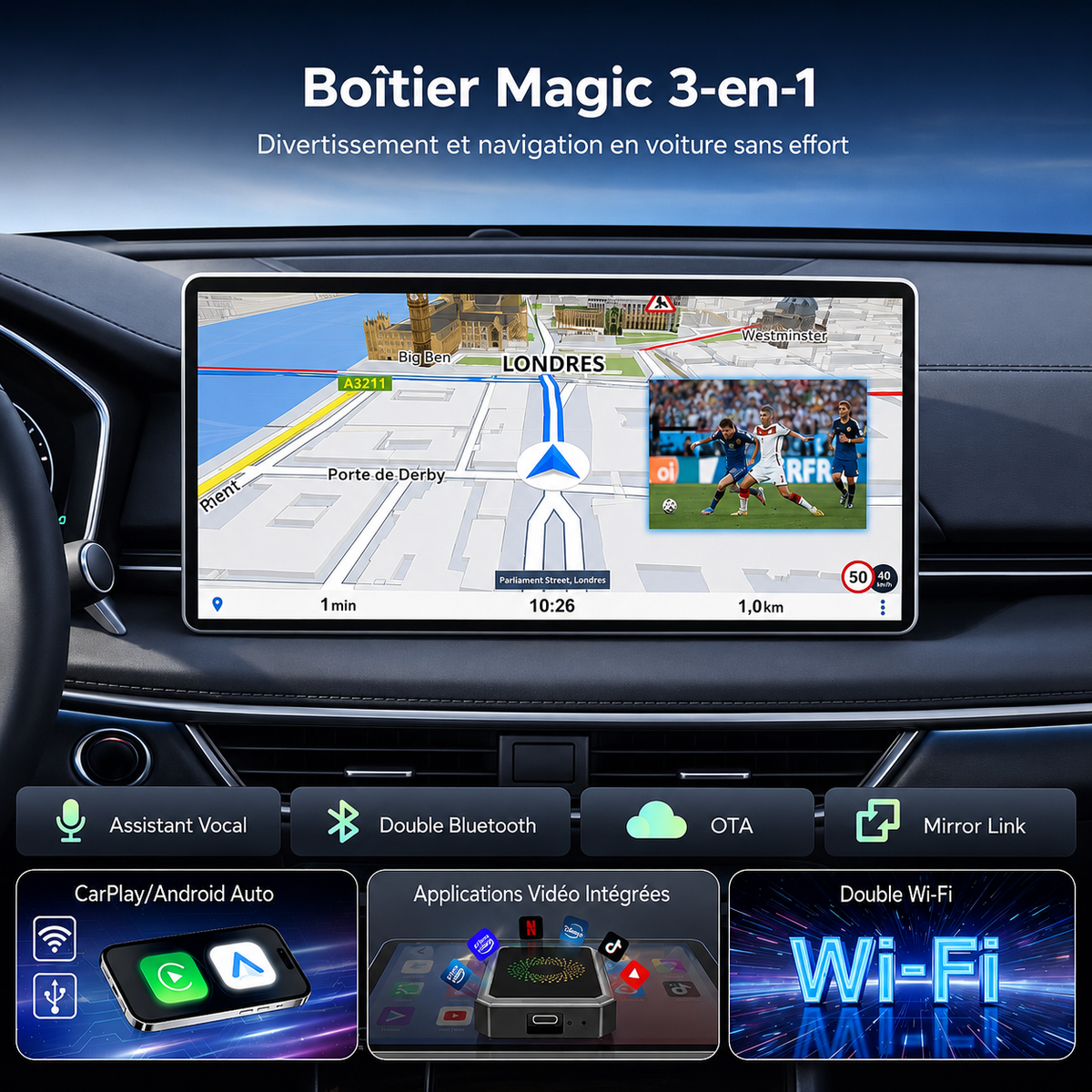 CarDisplay Connect Pro – Transformez CarPlay filaire en sans fil + diffusez vos applications sur l’écran de votre voiture