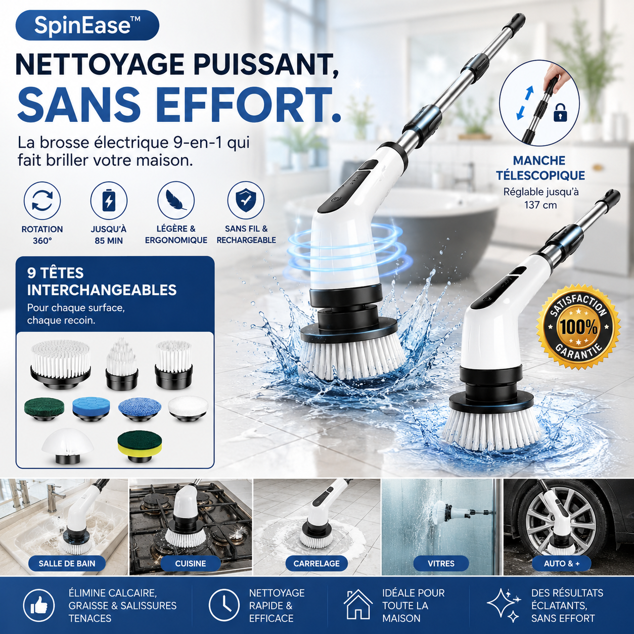 SpinEase™ – Brosse de nettoyage électrique sans fil 9-en-1