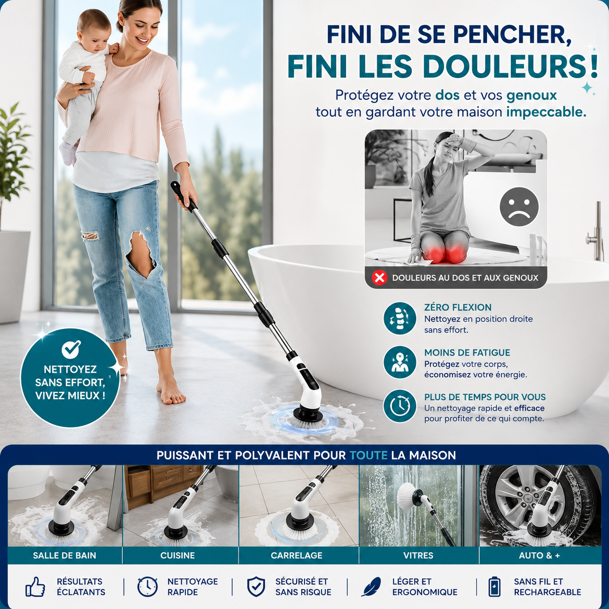 SpinEase™ – Brosse de nettoyage électrique sans fil 9-en-1